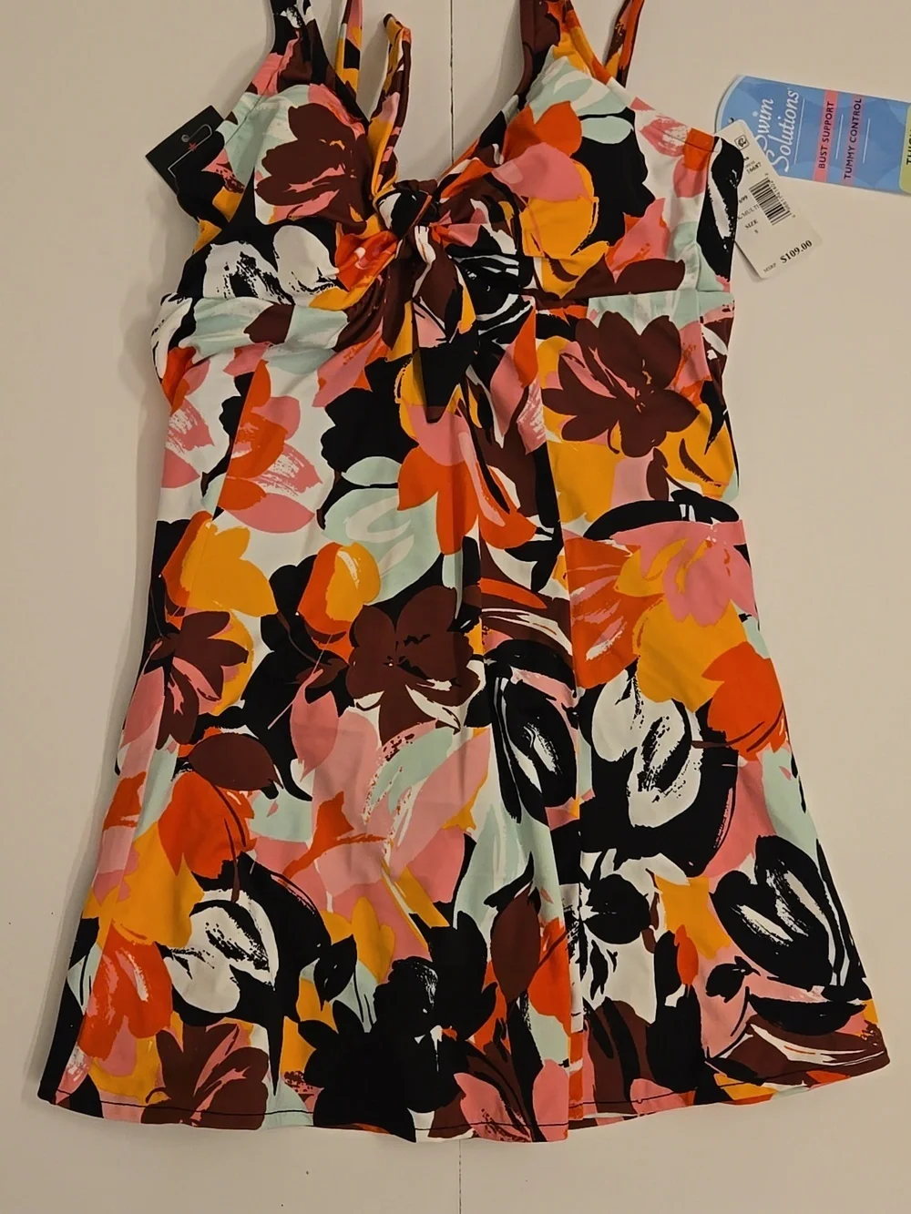 Swim Solutions Stretch Tummy Control Bust Support Fixed Cups Swimdress Sz 8 NWT